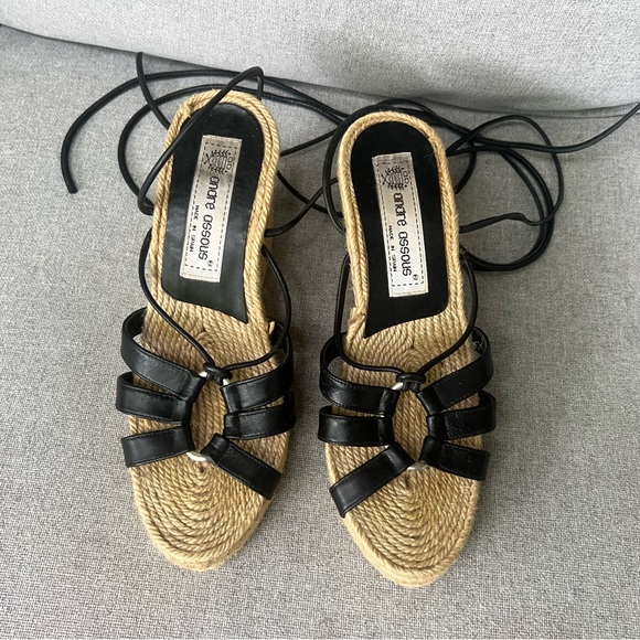 Andre Assous Sexy Black Strappy Wedge Leather Lace-up Espadrille Sandals - Picture 2 of 14